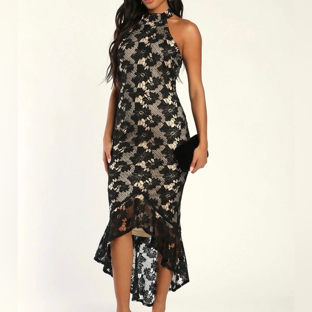 Lulus black and beige lace sleeveless high-low dress. Size small